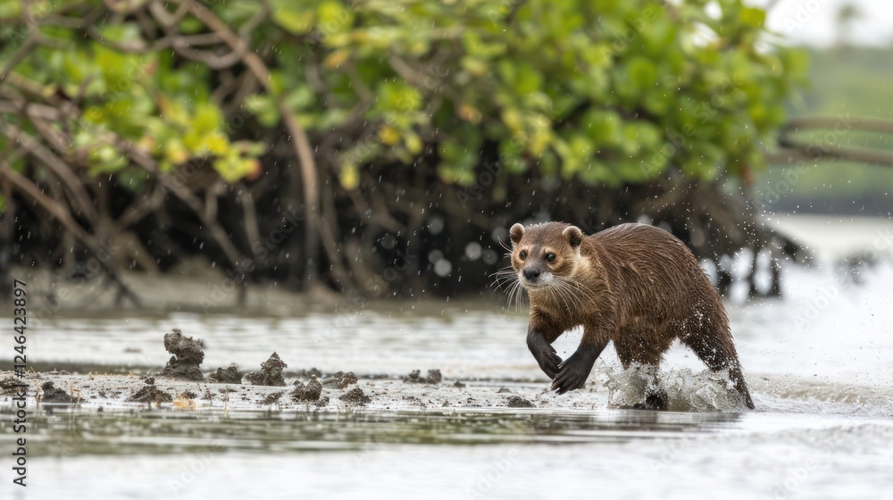 A playful otter running through shallow waters in a mangrove forest with lush greenery around A playful otter running through shallow waters in a mangrove forest with lush greenery around
