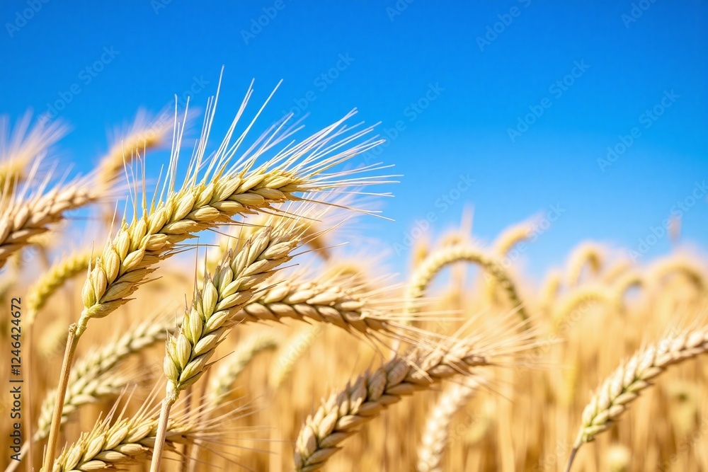 wheat field with golden stalks against bright blue sky wheat field with golden stalks against bright blue sky