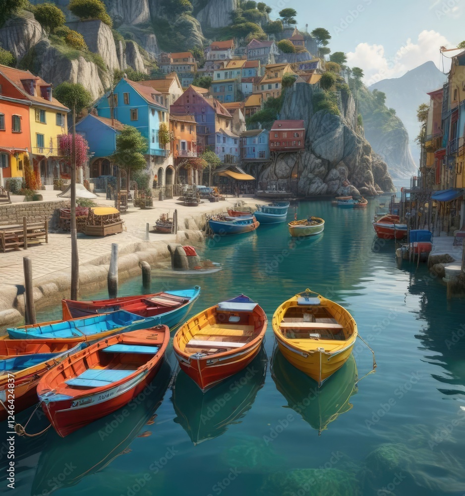 Fototapeta premium Seaside village with colorful boats docked in the harbor, nautical scene, boat