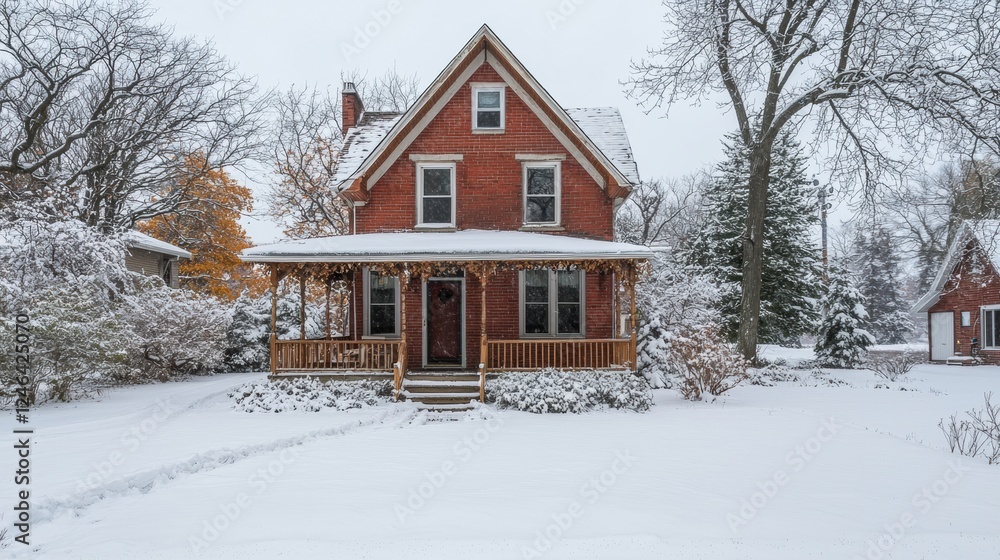 Charming Red Brick House Surrounded by Snowy Landscape in Winter Charming Red Brick House Surrounded by Snowy Landscape in Winter