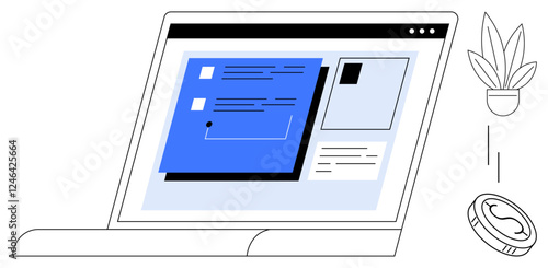 Laptop screen displaying application with chat boxes and task management. Accompanied by potted plant and coin. Ideal for productivity, remote work, communication, organization, planning, work-life