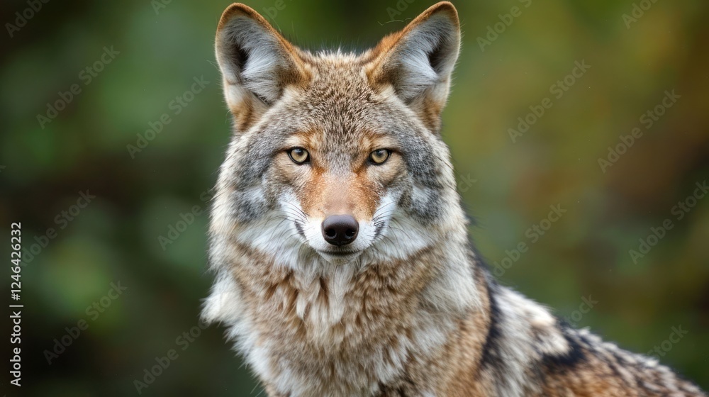 Close-up of a wild coyote gazing intently with a blurred green background, showcasing its natural habitat Close-up of a wild coyote gazing intently with a blurred green background, showcasing its natural habitat