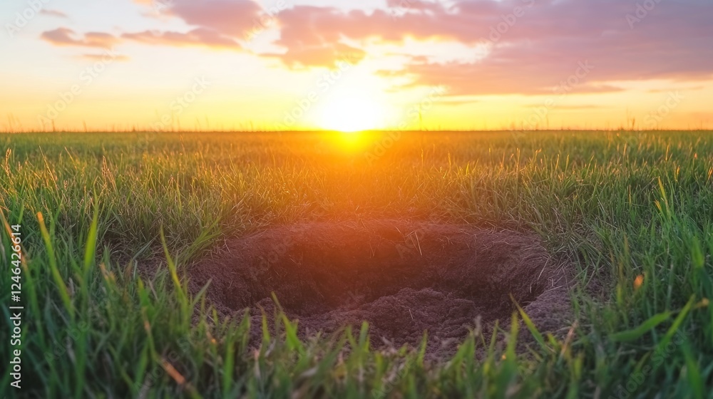 Fototapeta premium Sunset Over Grassland Hole Animal Burrow Dusk Light