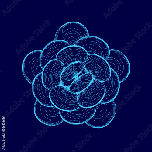 A blue flower made of circles. The circles are all different sizes and are arranged in a spiral pattern. The flower appears to be abstract and has a calming effect