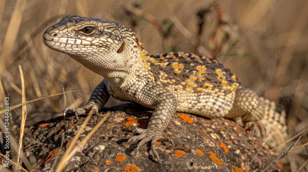 Close-up of a colorful lizard basking on a rock in a dry, grassy landscape under sunlight Close-up of a colorful lizard basking on a rock in a dry, grassy landscape under sunlight