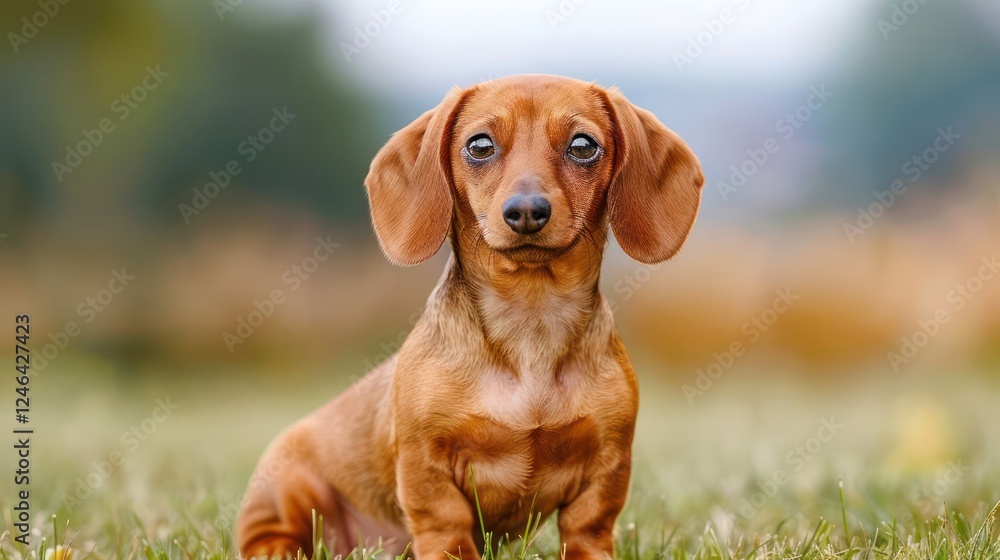 Adorable dachshund puppy sitting on grass in a sunny park with blurred background Adorable dachshund puppy sitting on grass in a sunny park with blurred background
