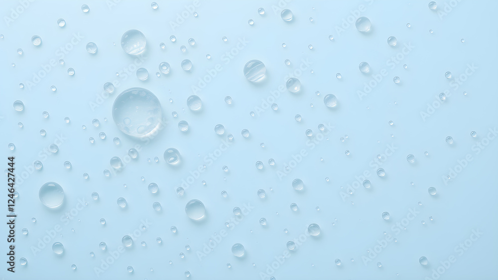 Water drops on light blue background, top view. Generative AI Water drops on light blue background, top view. Generative AI