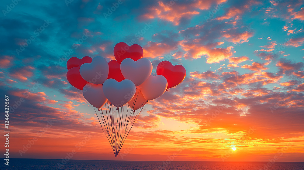 Fototapeta premium Heart-shaped balloons against a sunset sky
