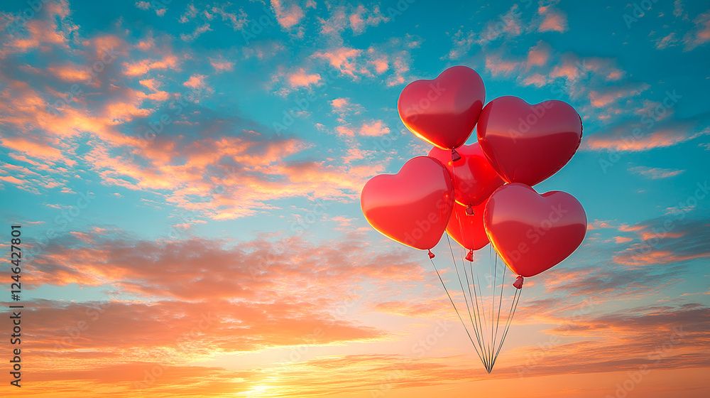 Heart-shaped balloons against a sunset sky Heart-shaped balloons against a sunset sky