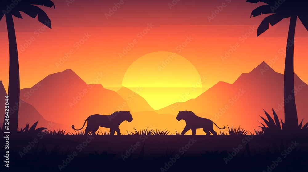 Fototapeta premium Sunset Silhouette Lions African Savannah Landscape