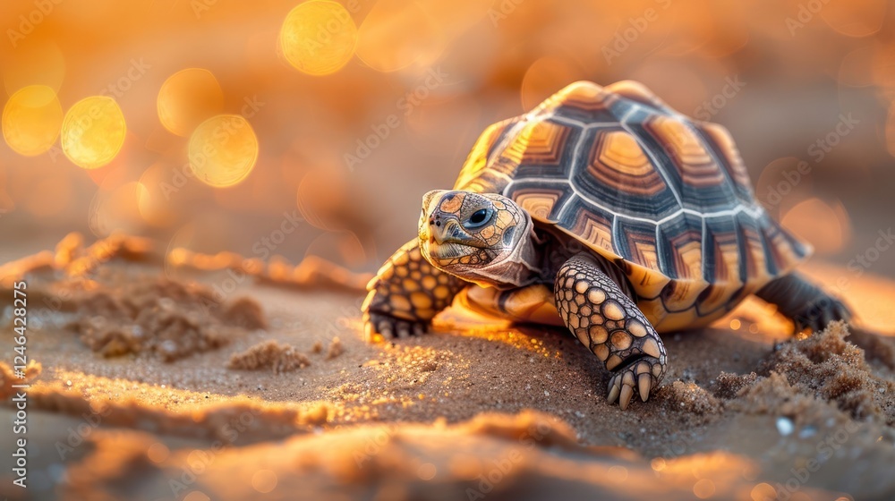 Obraz premium Close-up of a tortoise walking on sandy beach during sunset with glowing bokeh background