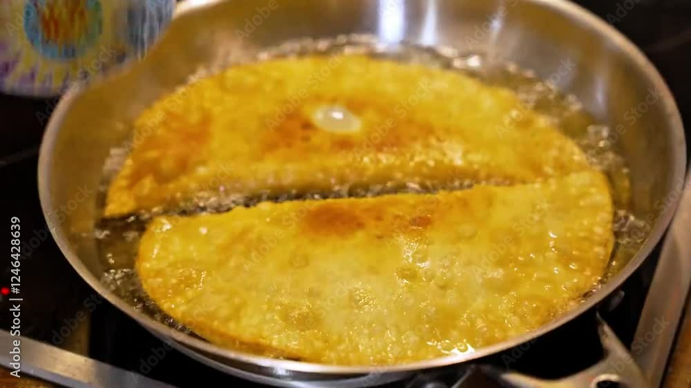 Cheburek is fried in a frying pan: the dough sizzles in hot oil, covered with a golden crust, inside - juicy stuffing, filling the kitchen with appetizing aroma. Cheburek is fried in a frying pan: the dough sizzles in hot oil, covered with a golden crust, inside - juicy stuffing, filling the kitchen with appetizing aroma.
