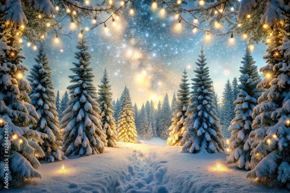 Fototapeta premium Snowy forest scene with snow-covered trees and twinkling lights, winter wonderland, forest ambiance, frosty evening