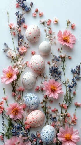 Minimalist Easter Decoration with Colorful Eggs and Fresh Flowers on Soft Background