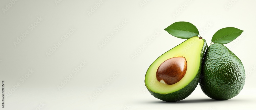 A halved avocado with a brown pit and green leaves. A halved avocado with a brown pit and green leaves.