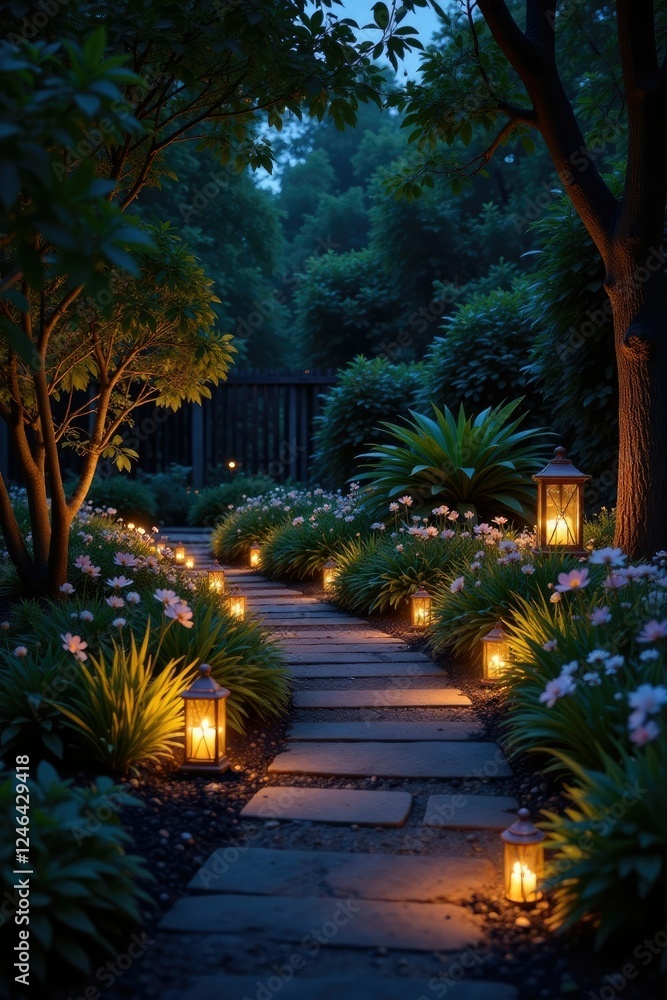 A tranquil garden at night with soft glowing lights and shadows created by lanterns and candles, garden, peaceful A tranquil garden at night with soft glowing lights and shadows created by lanterns and candles, garden, peaceful