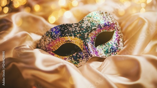 Glamorous glittery masquerade mask resting on silky fabric with sparkling lights in the background