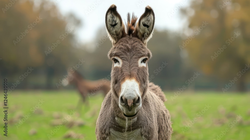 Close-up of a donkey in a green pasture with another donkey grazing in the background Close-up of a donkey in a green pasture with another donkey grazing in the background