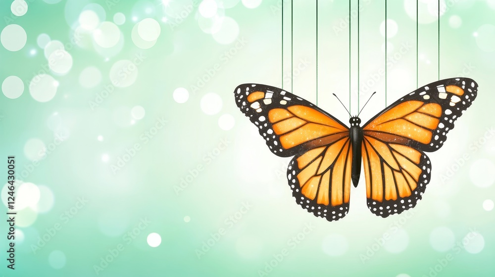 Fototapeta premium Suspended Monarch Butterfly on Pastel Background
