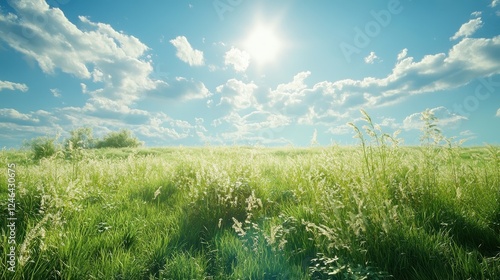 Vibrant green meadow with grass under a clear blue sky and sunlight shining in the background