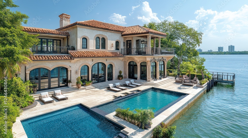Fototapeta premium Mediterranean Waterfront Mansion: Luxury Estate with Breathtaking Pool and Bay Views