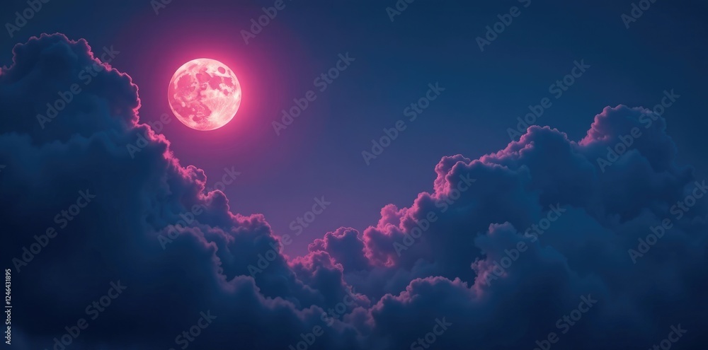 Fototapeta premium Dark clouds shroud the sky with menacing foreboding, pink moon, atmosphere, storms