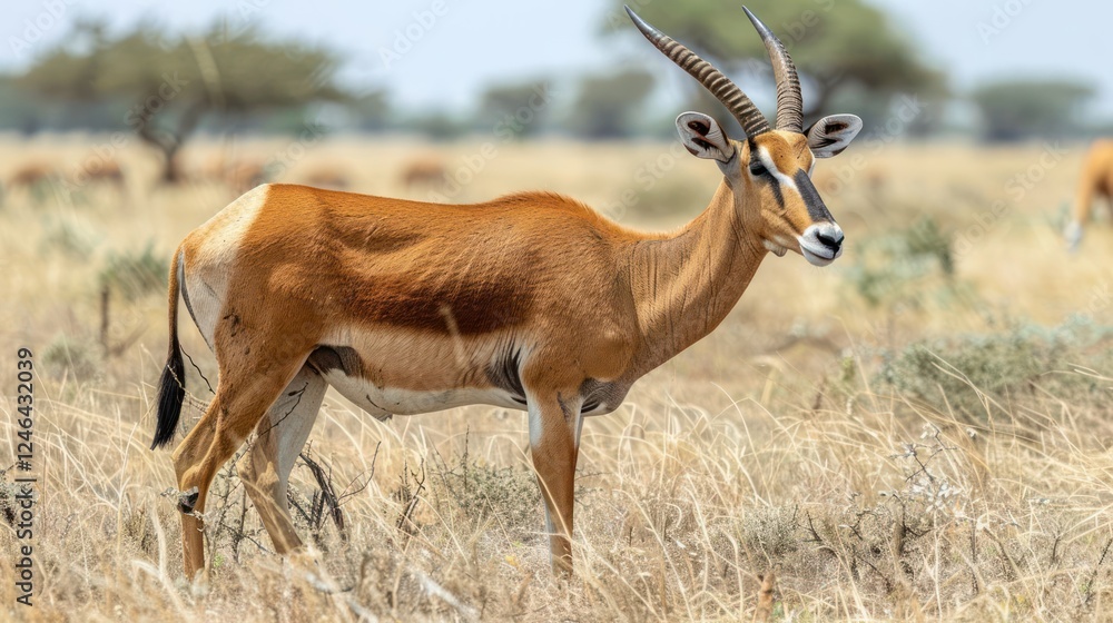 Fototapeta premium A graceful antelope stands in a sunlit savanna, surrounded by distant herds and sparse vegetation