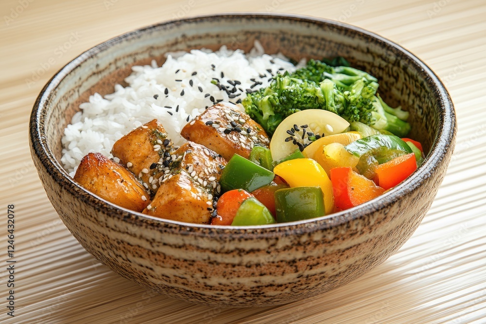 Thai chicken green curry with jasmine rice and colorful vegetables in a ceramic bowl Thai chicken green curry with jasmine rice and colorful vegetables in a ceramic bowl