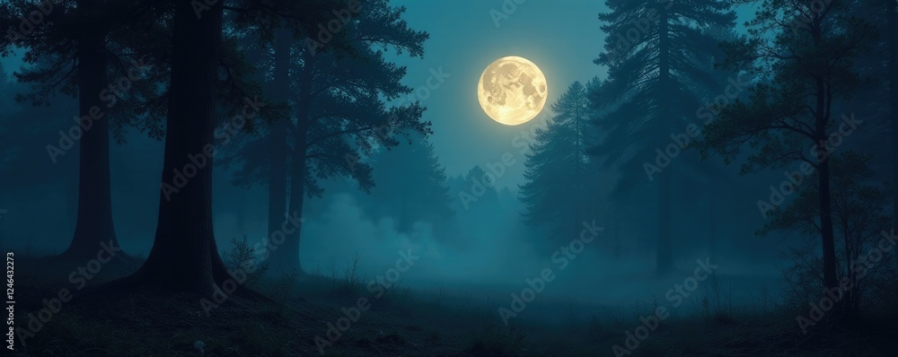 Naklejka premium Dark forest with a glowing moon and misty atmosphere, mysterious, forest, shadows