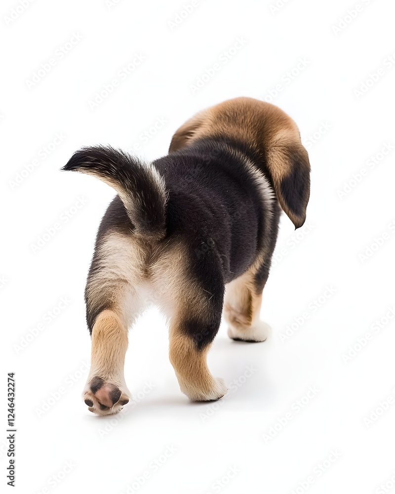 Playful puppy walking away on a white background, showcasing its fluffy coat and wagging tail Playful puppy walking away on a white background, showcasing its fluffy coat and wagging tail