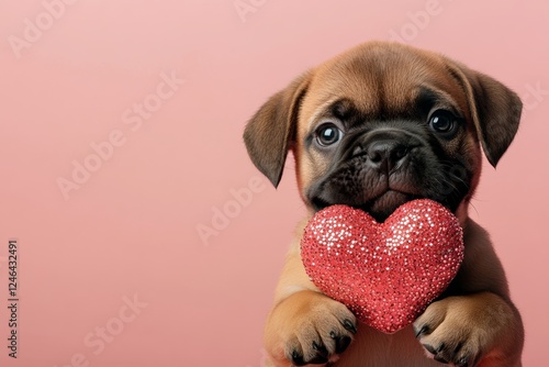 Bullmastiff - my preferred dog. Ad visual idea graphic. Cute bullmastiff canine with sparkling rhinestones red heart - sign of love, funny greeting card. Valentine's day pet themes. Puppy love. photo