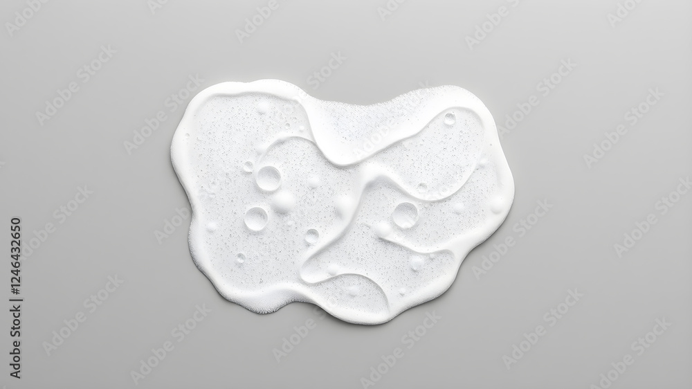 Fototapeta premium White foam with bubbles on grey background, top view. Generative AI