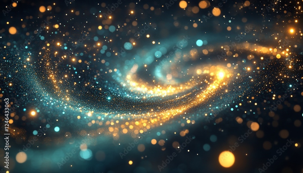 Abstract Cosmic Swirl Vibrant Deep Space Blue and Iridescent Teal, Ethereal Flow of Golden Glitter Abstract Cosmic Swirl Vibrant Deep Space Blue and Iridescent Teal, Ethereal Flow of Golden Glitter