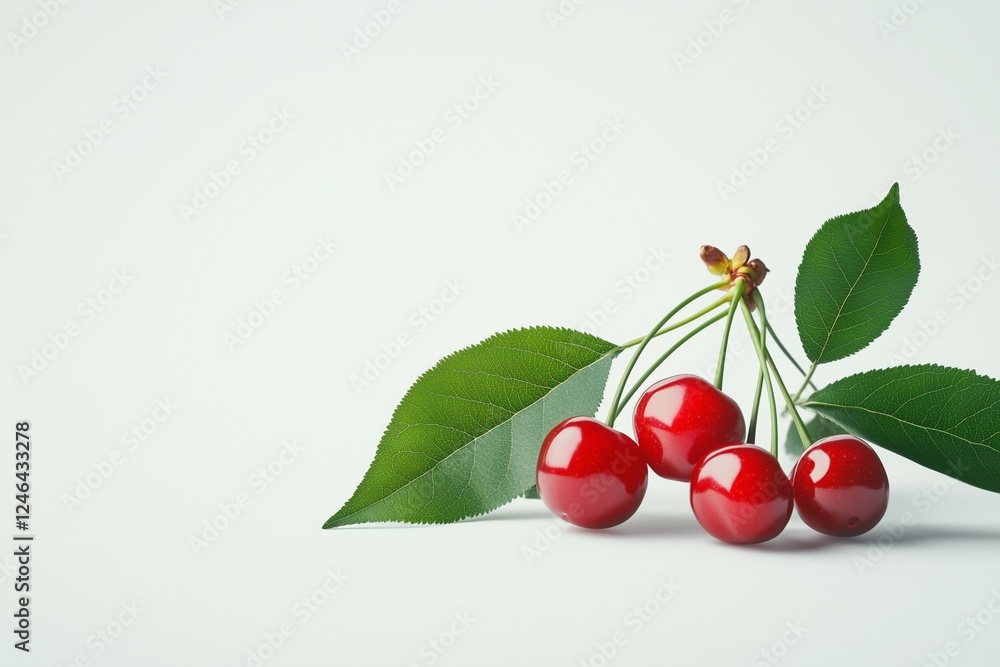 fresh cherries with leaves isolated on a white background, close-up. fresh cherries with leaves isolated on a white background, close-up.