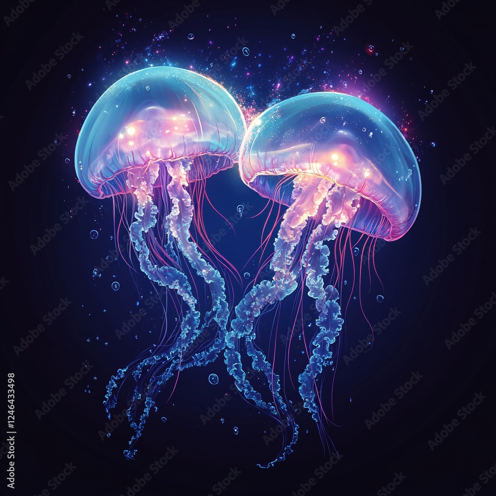 A vector illustration of a pair of intertwined jellyfish glowing in the ocean, forming a heart. A vector illustration of a pair of intertwined jellyfish glowing in the ocean, forming a heart.