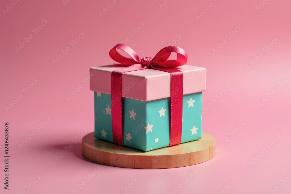 Obraz premium Decorated gift box with ribbon tied around a small wooden base, gift, present, wrapped