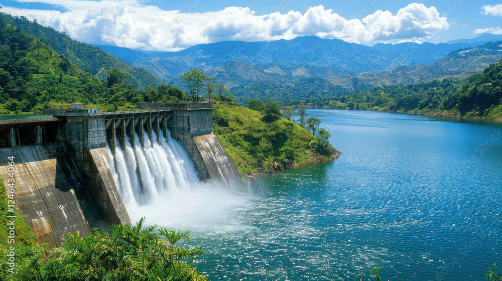 Hydroelectric Dam Built in Mountainous Valley with Blue Waters and Lush Green Landscape Hydroelectric Dam Built in Mountainous Valley with Blue Waters and Lush Green Landscape