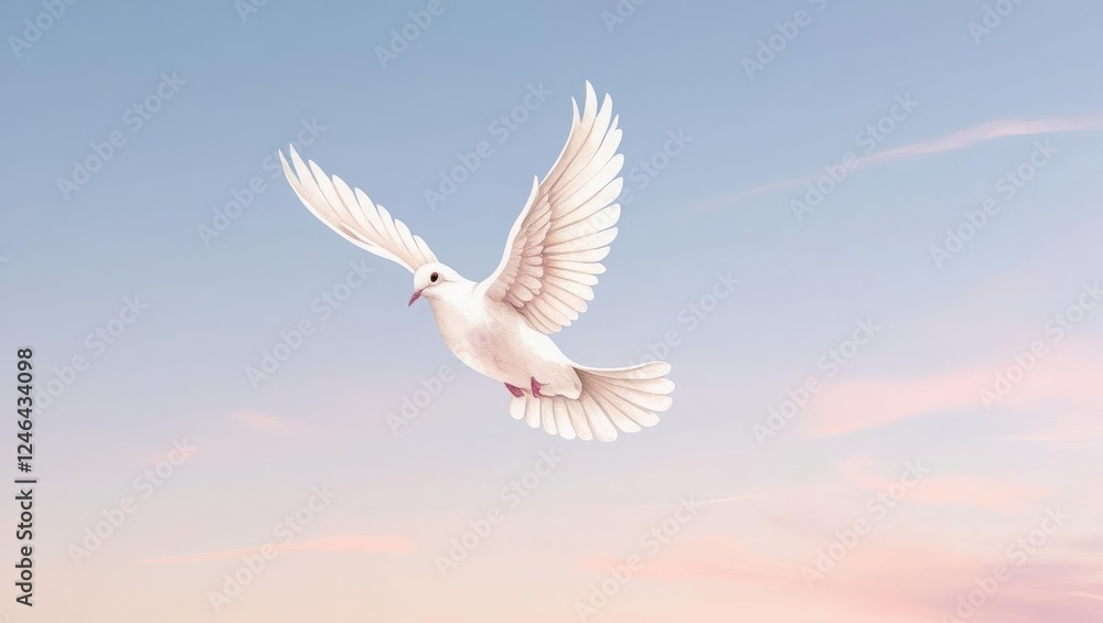 Obraz premium Christ prayer eternity. A serene white dove soars gracefully against a pastel sky, symbolizing peace and freedom.