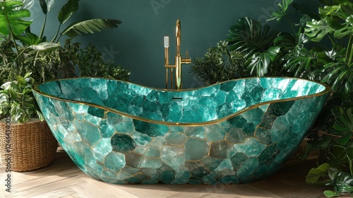 Luxurious teal gemstone soaking tub in a lush botanical bathroom photo