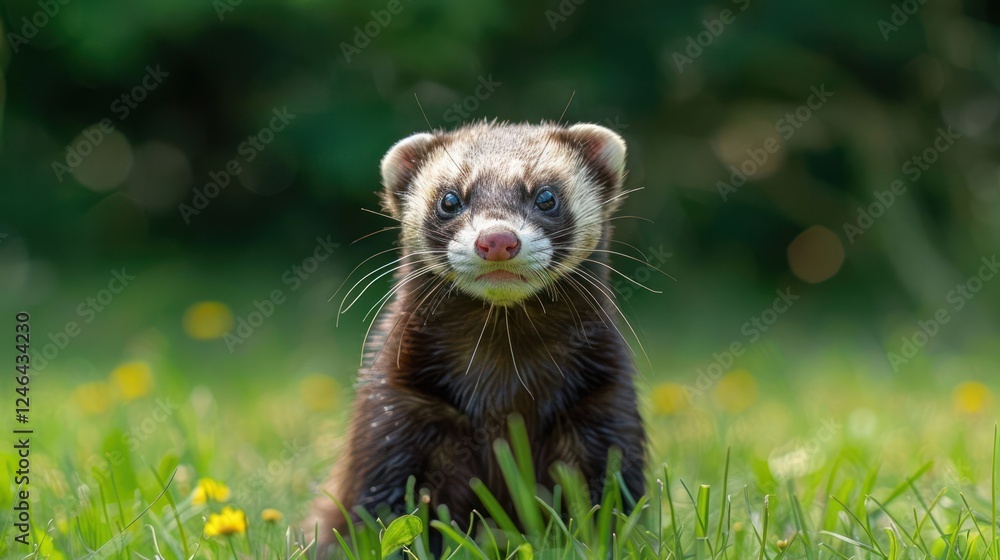 A curious ferret stands in a vibrant green field surrounded by wildflowers in sunlight A curious ferret stands in a vibrant green field surrounded by wildflowers in sunlight