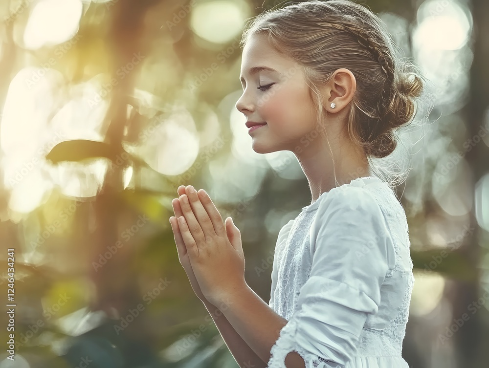 First Holy Communion: Young Girl in White Dress with Floral Crown Praying. Holy Communion Card First Holy Communion: Young Girl in White Dress with Floral Crown Praying. Holy Communion Card