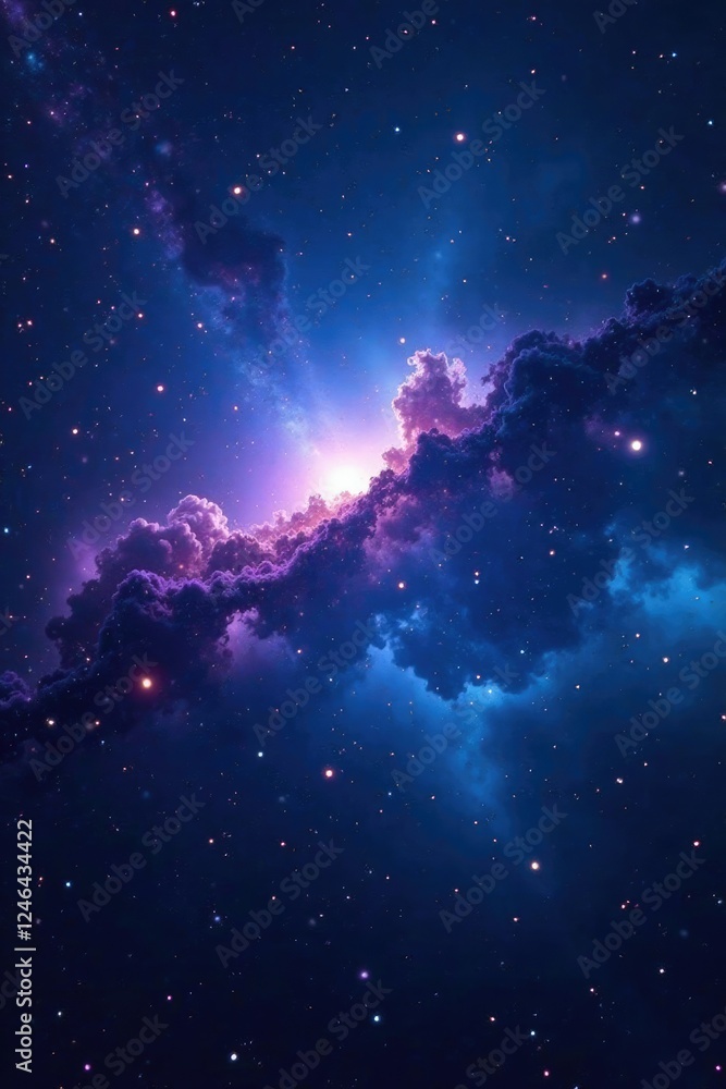 Obraz premium Deep blue and purple nebula glowing softly in the dark cosmos, galaxies, interstellar medium, blue nebula