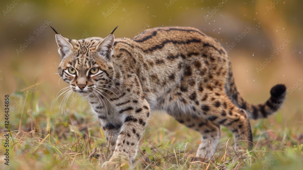 Fototapeta premium Wild lynx prowling through tall grass in a natural habitat with soft bokeh background