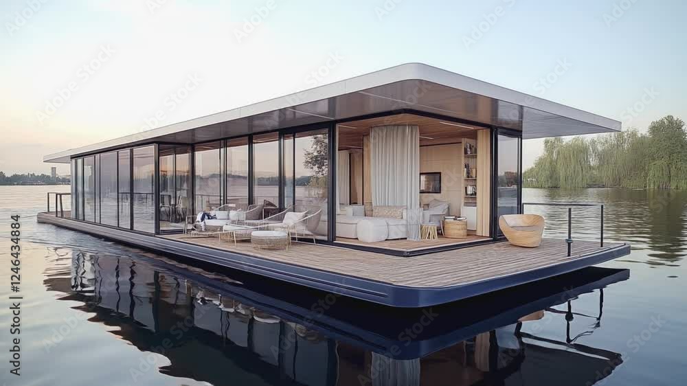 Modern houseboat floating on calm river at sunset Modern houseboat floating on calm river at sunset