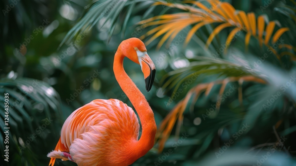 Fototapeta premium Vibrant flamingo perched among lush tropical foliage, showcasing vivid colors and serene atmosphere