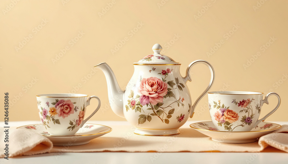 Floral Teapot and Cups Tea Set on Table Floral Teapot and Cups Tea Set on Table