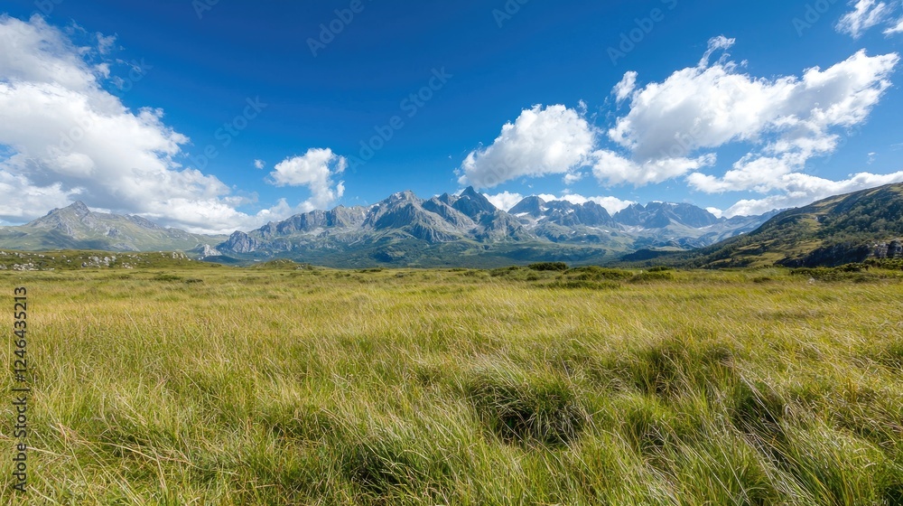 Mountain range vista, grassy meadow, sunny day, travel postcard Mountain range vista, grassy meadow, sunny day, travel postcard