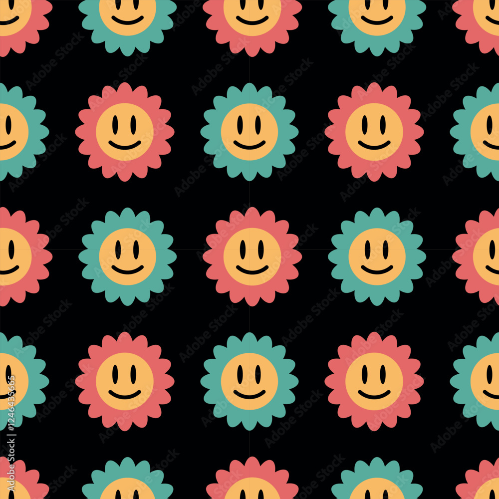 Retro groovy floral pattern. Flowers with emoji on a black background. Vector illustration for summer design, background, fabric, wrapping paper, cover, paper Retro groovy floral pattern. Flowers with emoji on a black background. Vector illustration for summer design, background, fabric, wrapping paper, cover, paper