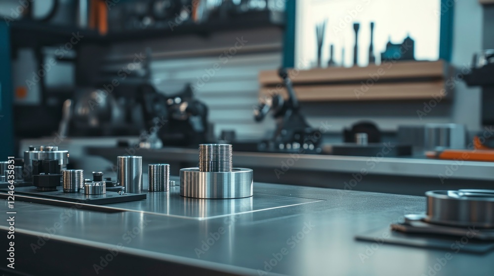 Obraz premium Precision machined aluminum and zinc components showcase industrial workshop manufacturing environment gigapixel quality