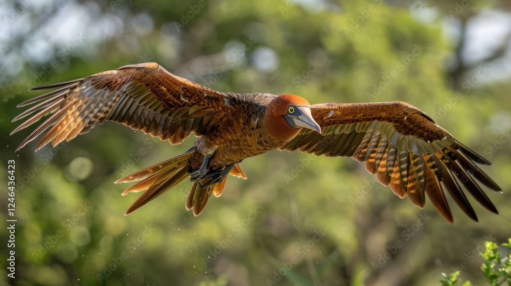 Fototapeta premium Majestic bird in mid-flight over lush greenery, showcasing vibrant feathers in natural habitat